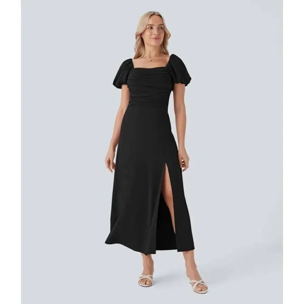 Halara Square Neck Puff Sleeve Ruched Midi Dress